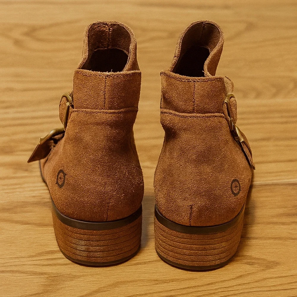 Born Brown Suede Leather‎ Ankle Boots Size 9M– Side Zip Buckle Strap Booties